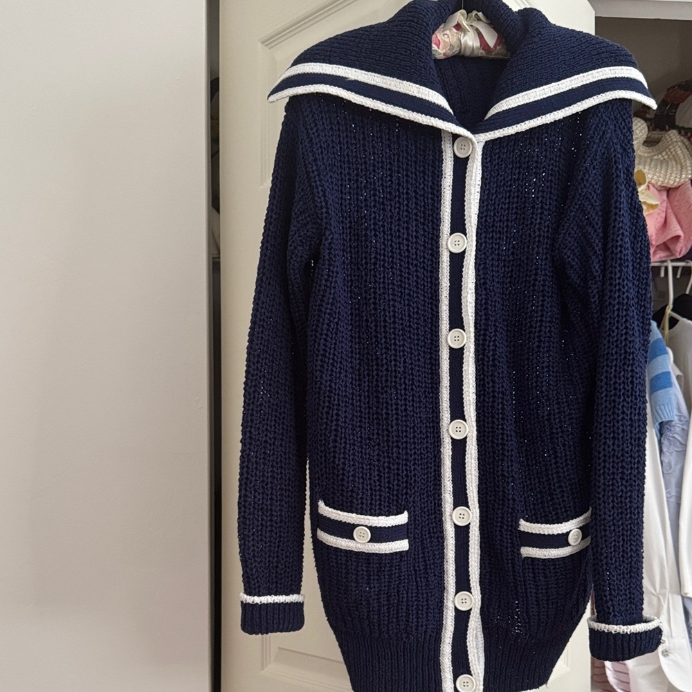 Navy Blue Knit Cardigan with White Trim